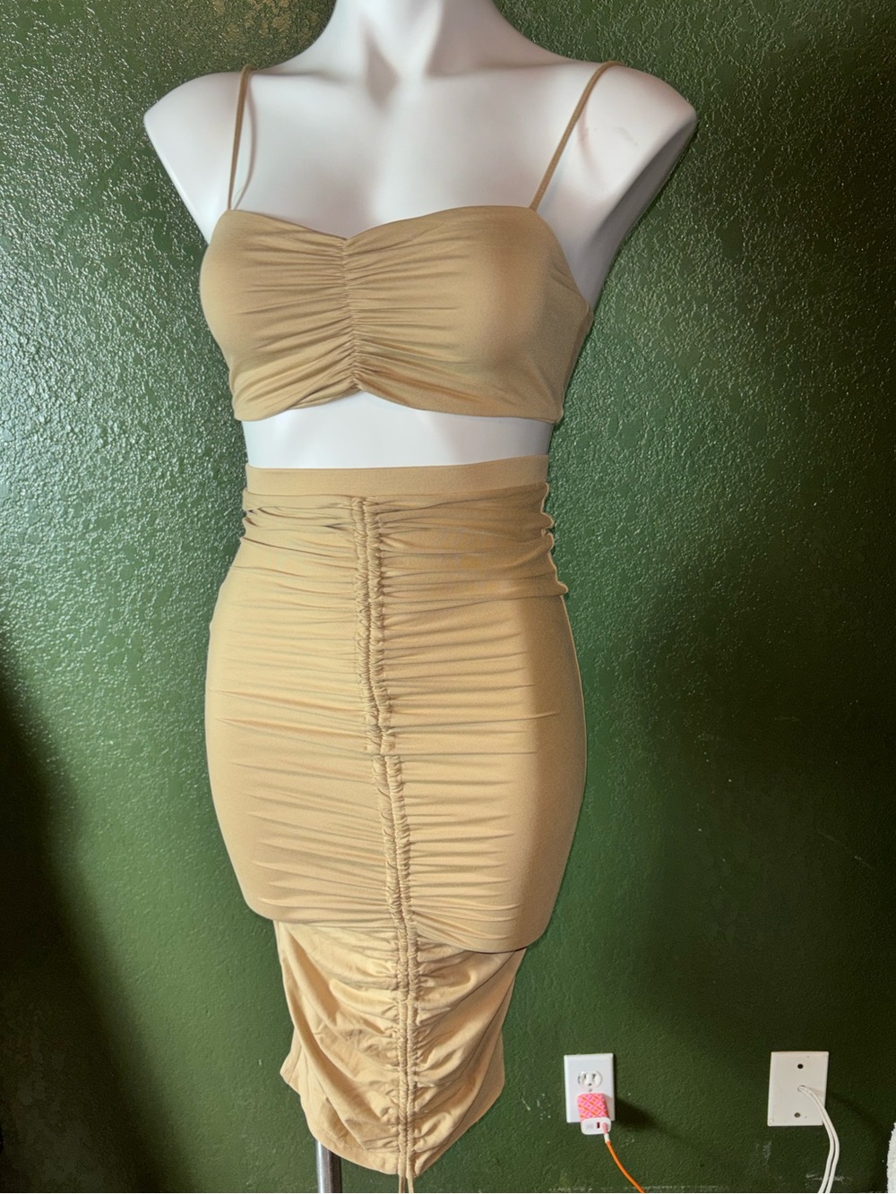 Ruched Two-Piece Beige Crop Top + Skirt Set